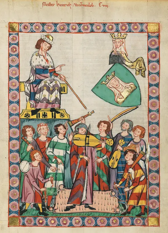 Der Sänger Frauenlob mit Spielleuten im Codex Manesse