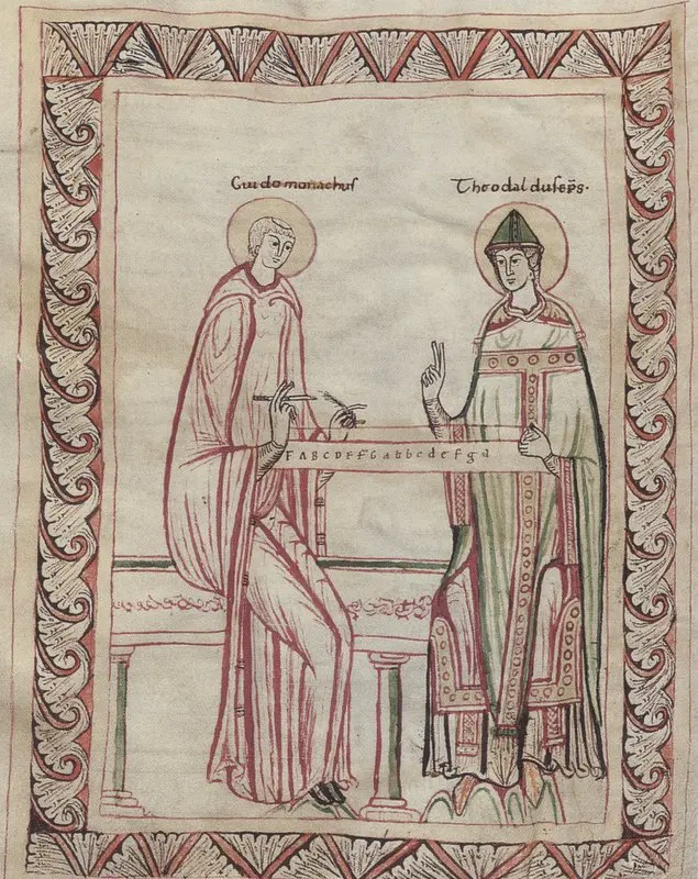 Guido von Arezzo mit Bischof Theodaldus am Monochord